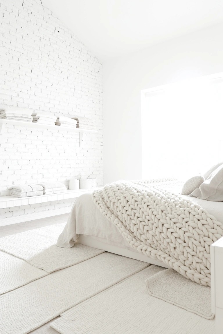 Bright white bedroom with textured brick walls, low platform bed draped in chunky knit throw, and light rugs for an open, minimalist feel