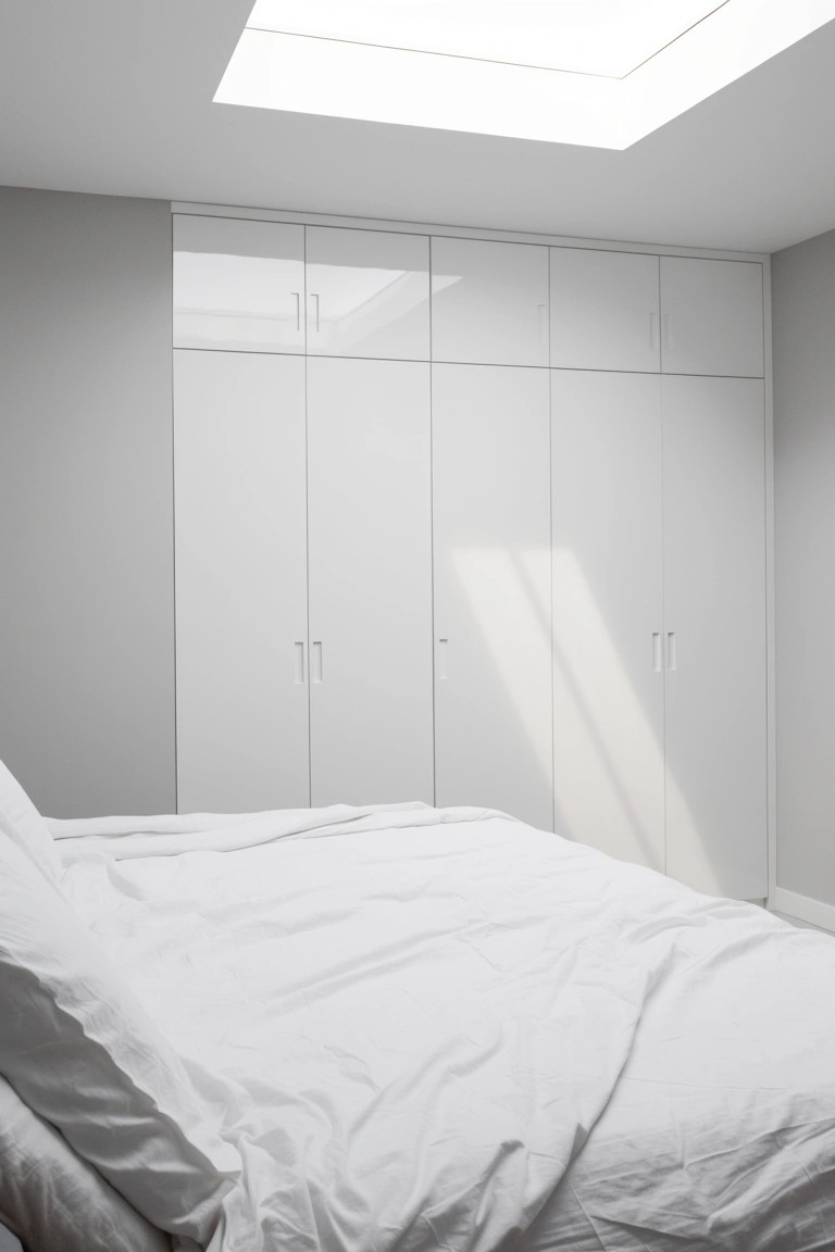 Bright bedroom with pale gray walls, white wardrobes, rumpled white bed, and skylight letting in soft sunlight