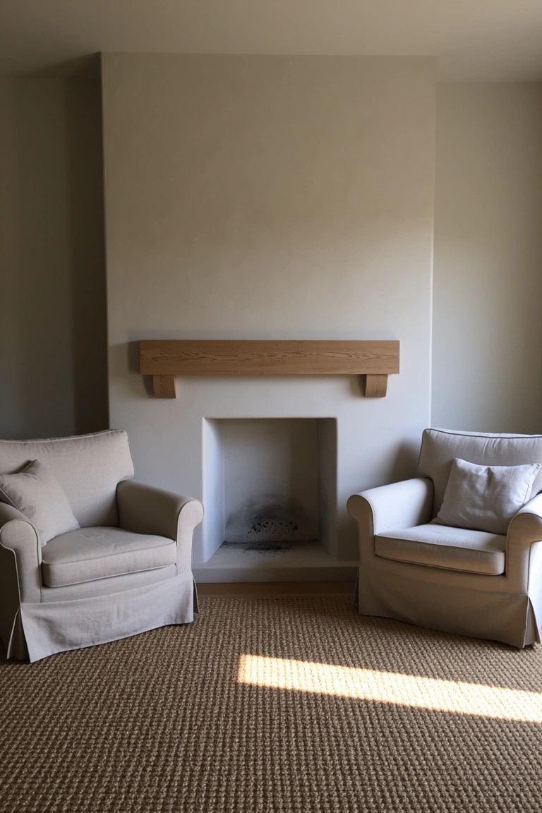 Two neutral slipcovered armchairs flanking a simple white fireplace with oak mantel on a light rug