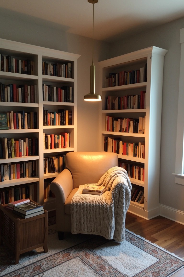 Corner reading nook with white built-in bookshelves around a leather armchair, throw blanket, books on side table, and pendant light