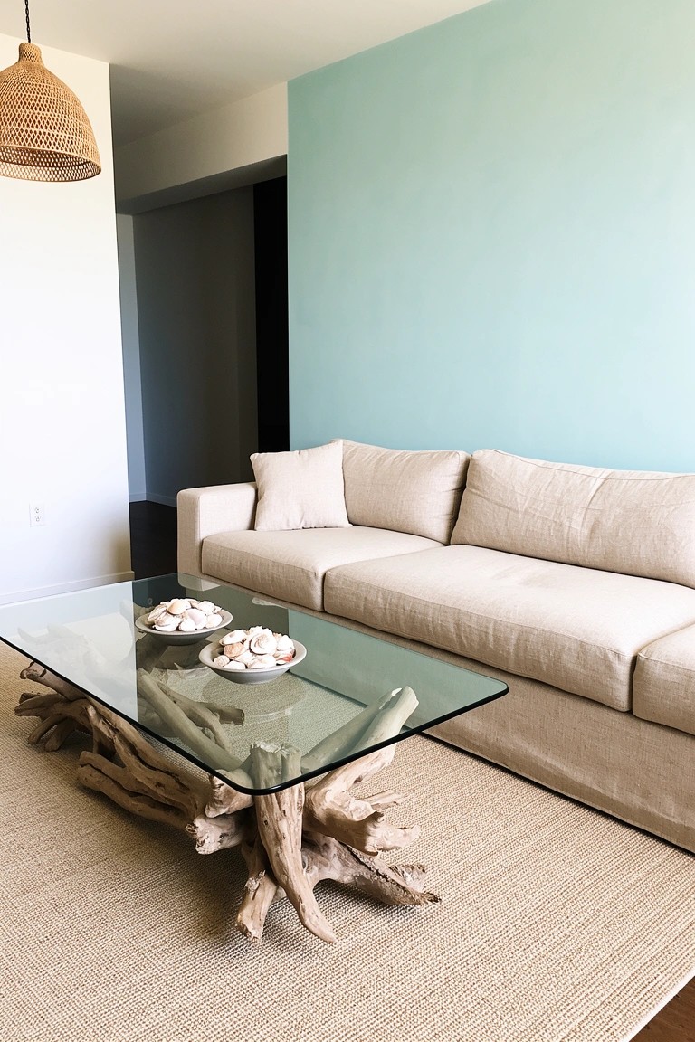 Light living room with beige slipcovered sofa, glass-top driftwood coffee table holding seashells, neutral rug, and teal accent wall