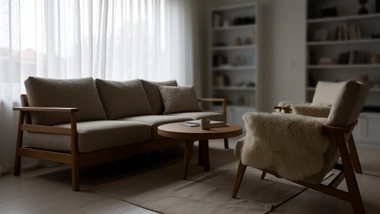 18 Simple Living Room Decor Ideas That Feel Fresh And Bright Bright minimalist living room with light gray sofa, round wooden coffee table, sheepskin-draped wooden armchair, sheer curtains on large windows, light wood floors, and neutral rug