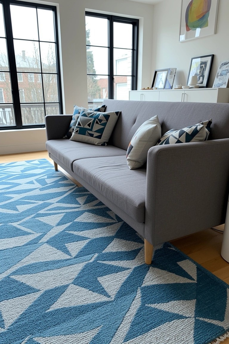 Gray sofa on blue and white geometric rug in bright living room with large windows and white walls