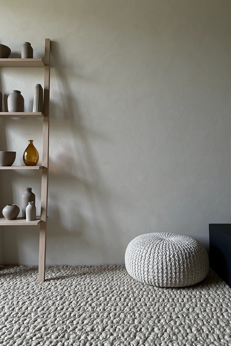 Wooden ladder shelf displaying neutral ceramic pots and vases against a light wall in a minimalist living room corner.