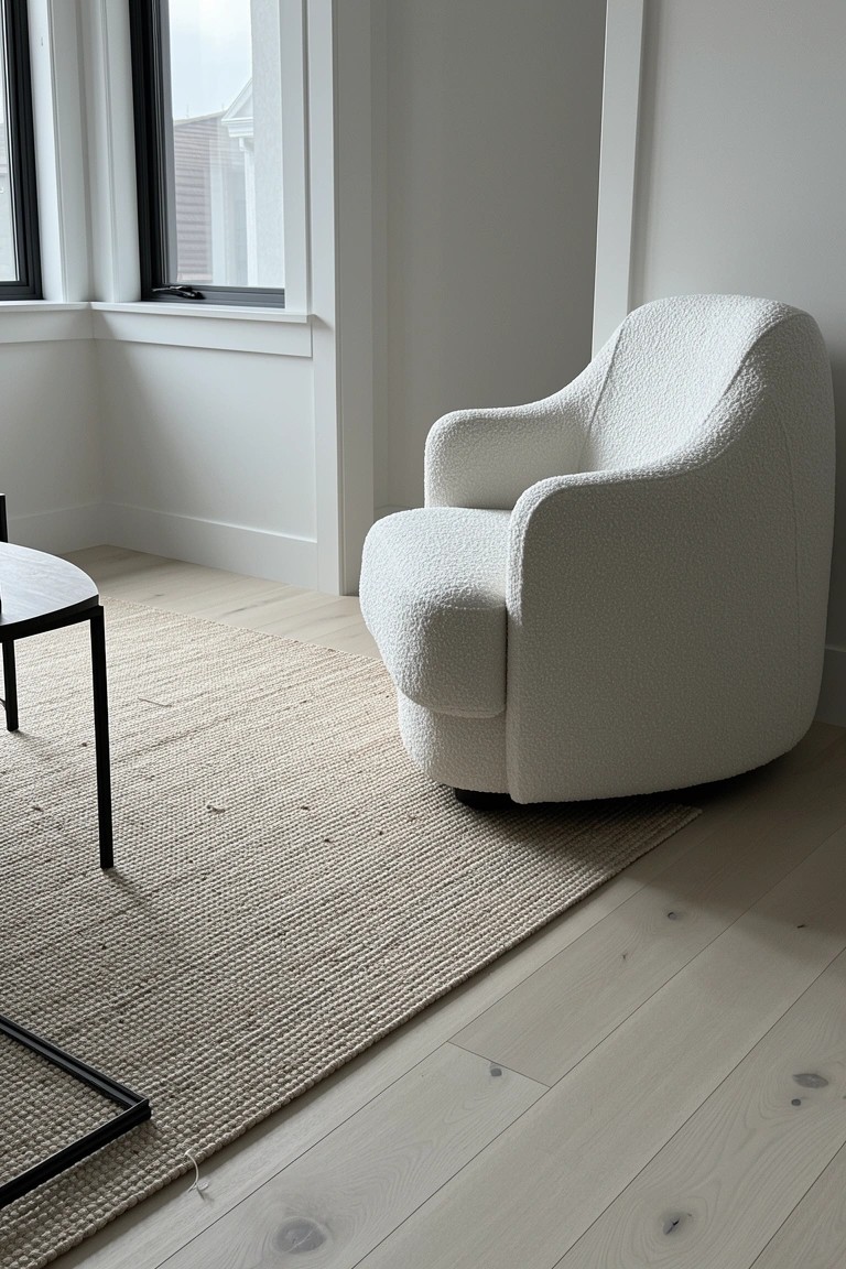 White fluffy curved swivel armchair beside a black metal coffee table on beige rug in a light wood floor living room
