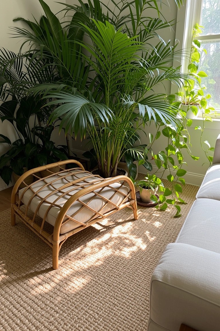 Cushioned rattan footstool in a living room corner surrounded by large potted plants, next to a white sofa on a light rug