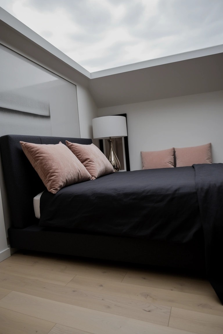 Bedroom with clean white walls, black upholstered bed, dusty pink pillows, brass lamp, light wood floors, and skylight ceiling