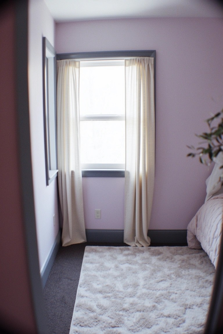 Bedroom featuring soft pale pink walls, a large window with white curtains, a fluffy cream rug, and a bed in a cozy corner