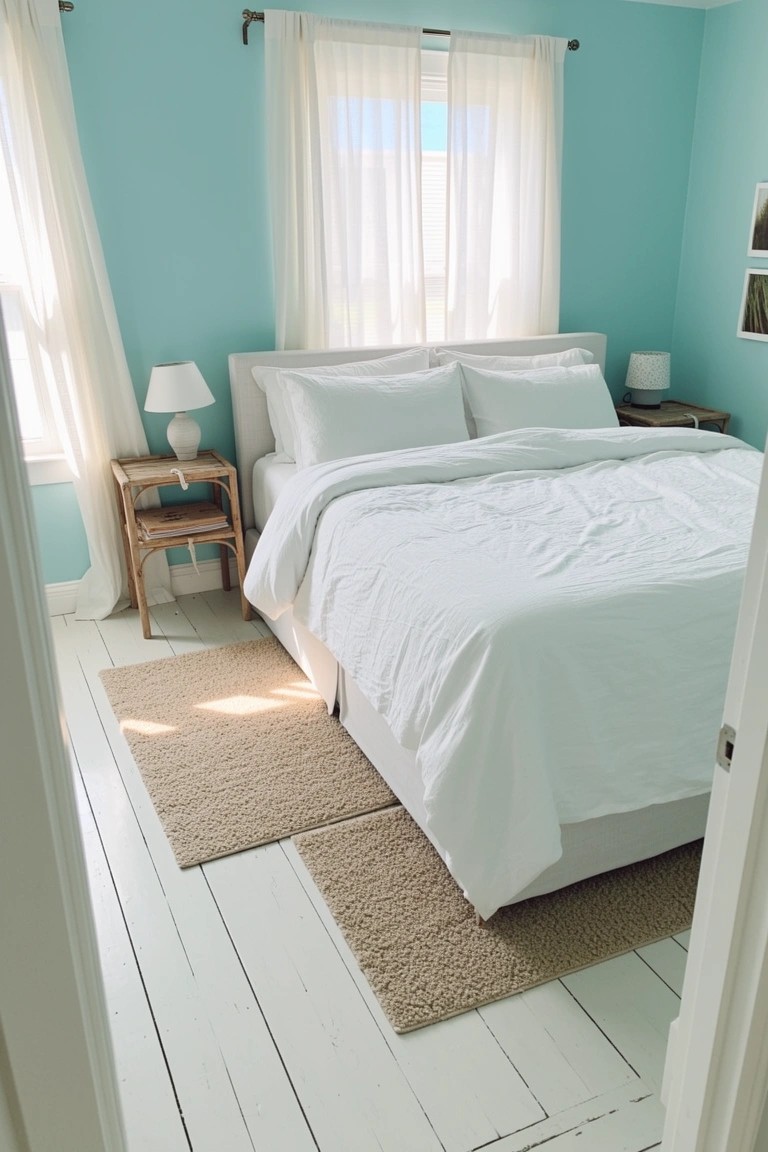 Pale aqua walls creating a tranquil bedroom with white duvet, sheer curtains, and wood floors