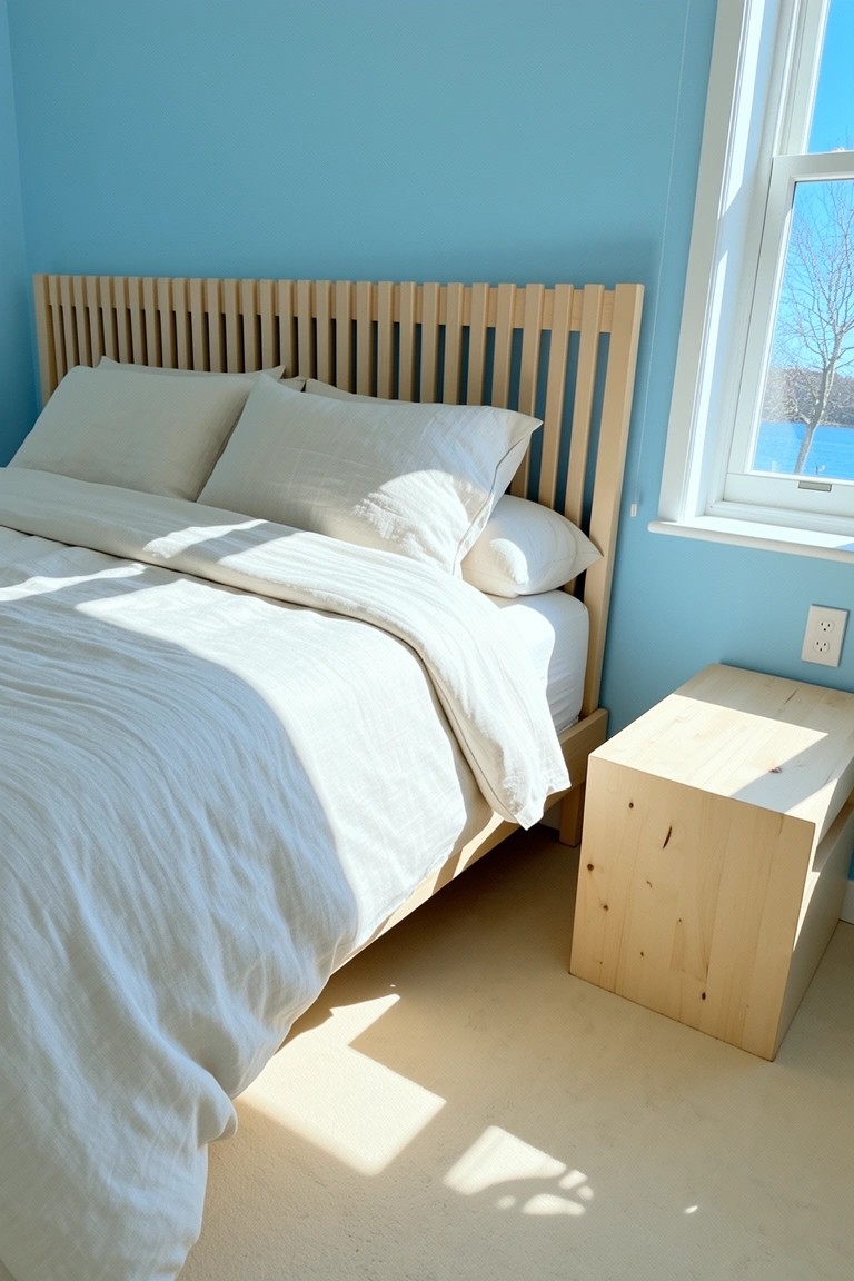 Bedroom with pale blue walls, natural wood bed and side table, white linens, and window light