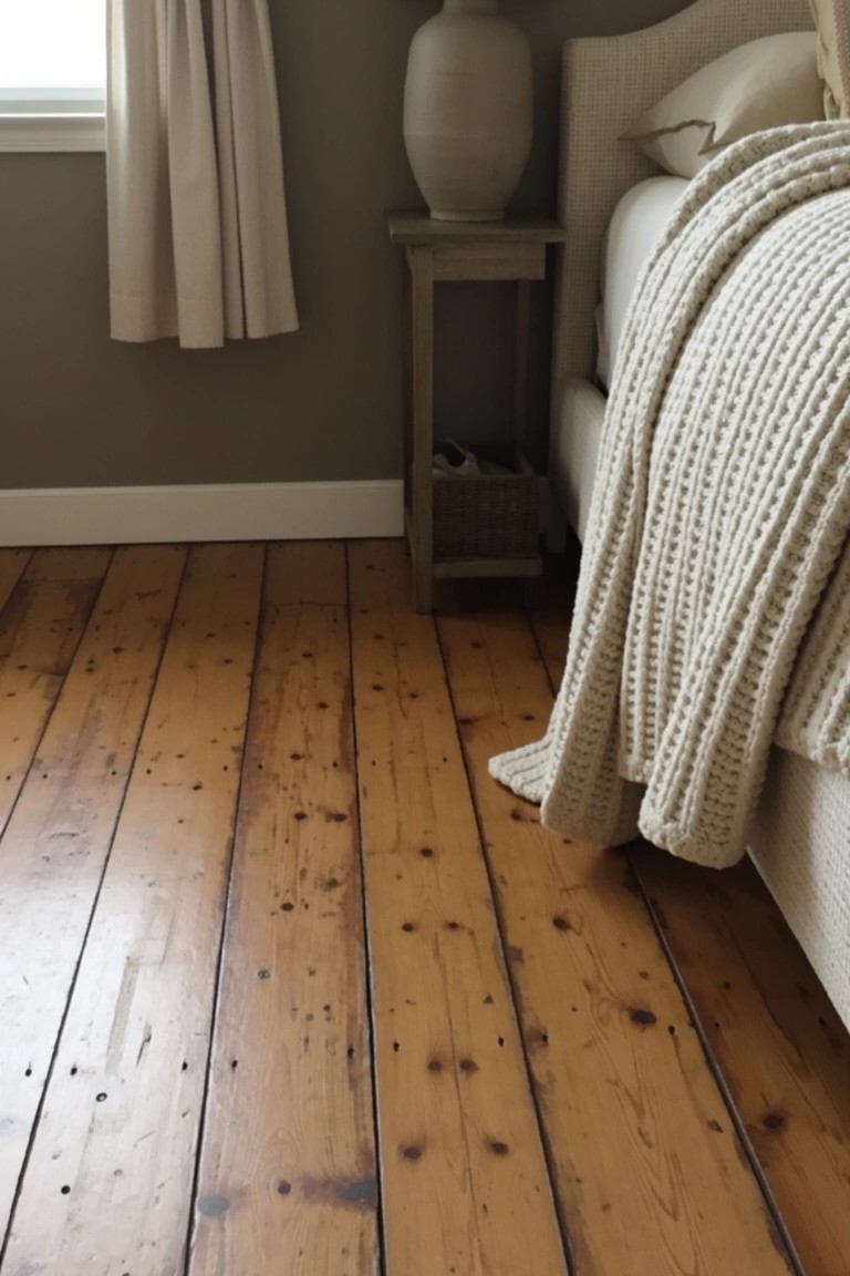 Bedroom with soft greige walls next to wood floors, a nightstand, and cozy bed layered in cream knit blankets
