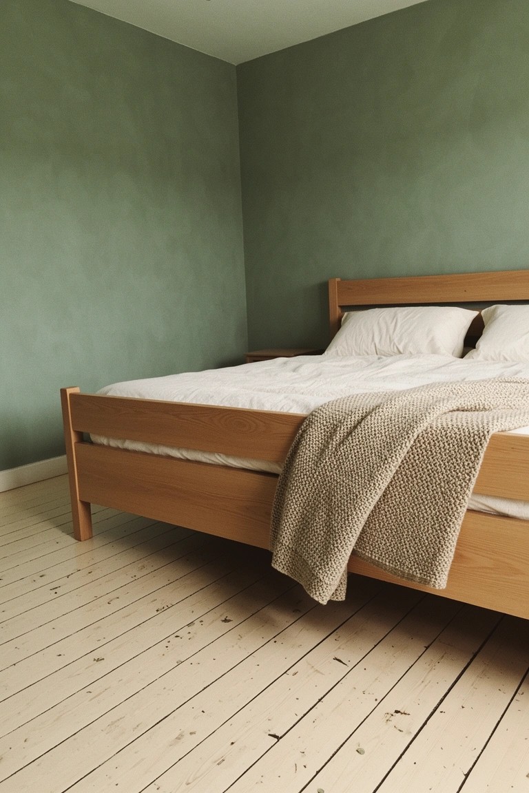 Bedroom corner with pale sage green walls, oak bed frame, white duvet, knit throw, and worn wood floors