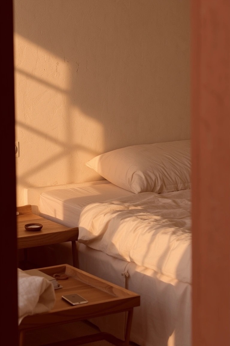 Sunlit bedroom corner with warm beige walls, white bedding on low platform bed, and wooden side tables holding trays