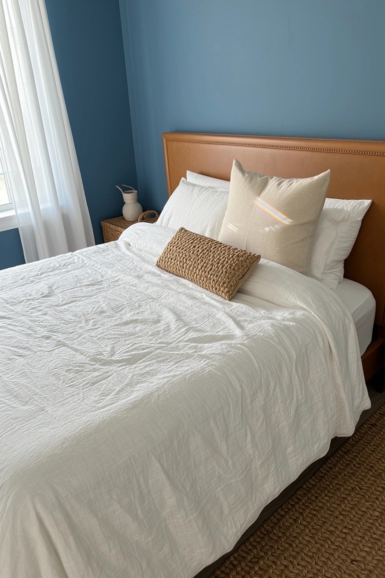 Bedroom featuring soft blue walls, a tan leather headboard on a white bed with neutral pillows and bedding, sheer white curtains, and a seagrass rug