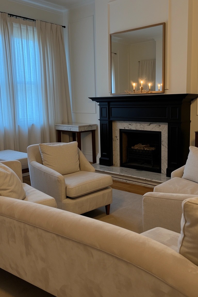 Neutral living room with black wood fireplace mantel, marble surround, cream upholstered chairs and sofa, and candles on mantel