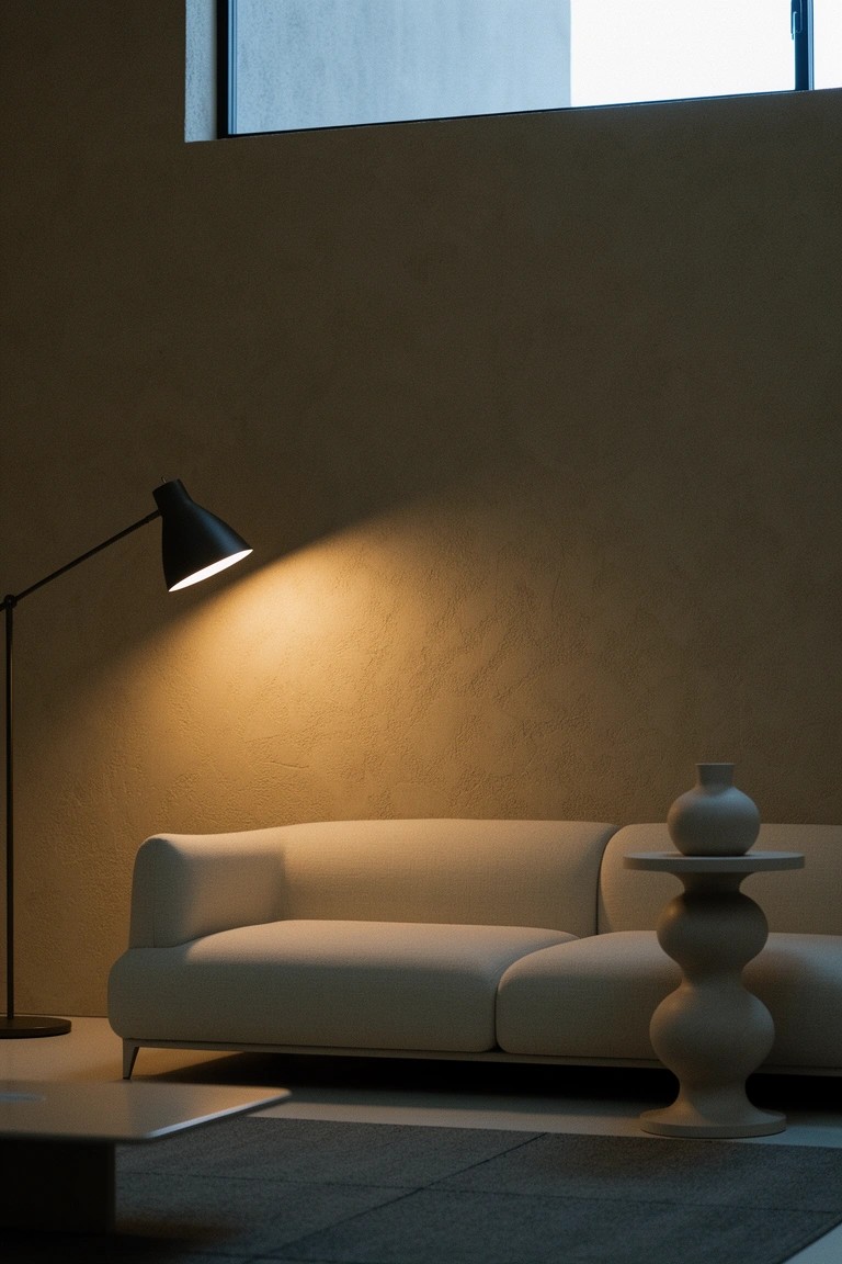 Beige neutral living room with curved cream sofa next to white stacked sculptural pedestal table topped with vase, black floor lamp casting warm light on textured walls