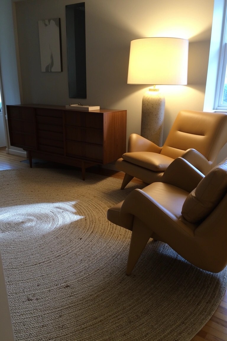 Neutral living room corner with tan leather lounge chairs and ottomans, wood credenza, seagrass rug, and white floor lamp