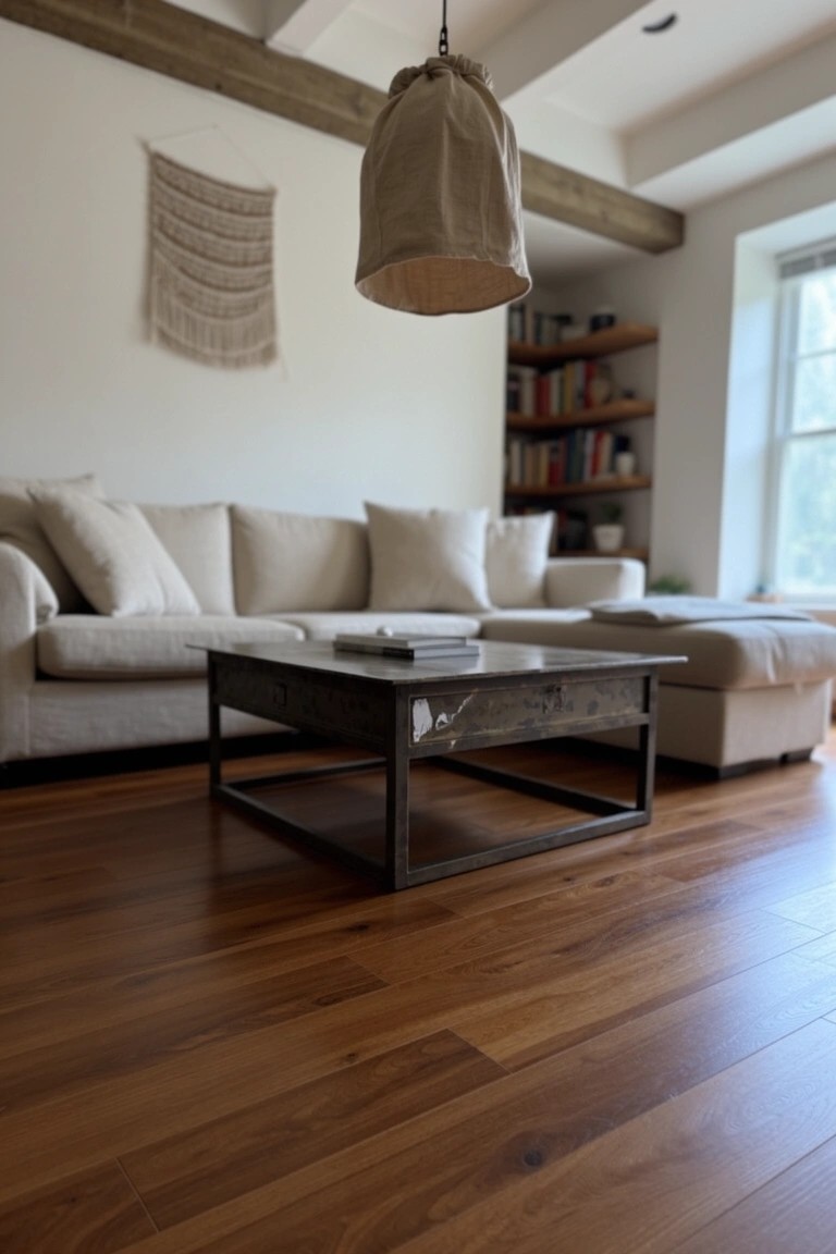 Neutral living room with warm wood floors, beige sofa, metal-framed wood coffee table, and soft textiles