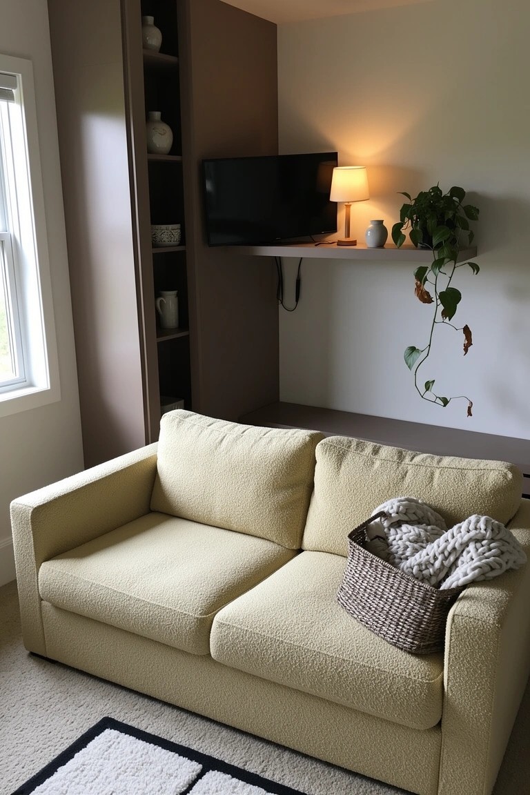 Neutral living room corner with cream sofa, wood wall shelving holding TV and plants, and a lamp on a floating shelf