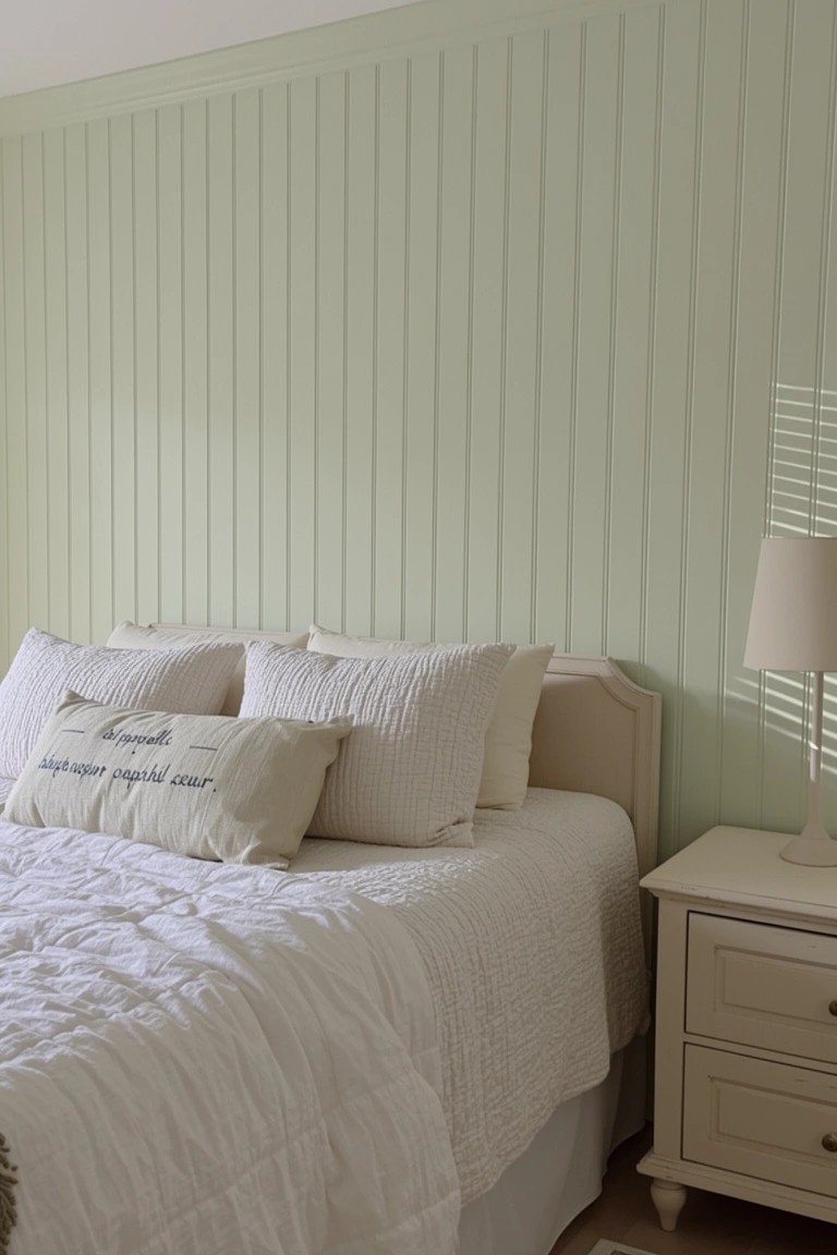 Bedroom interior with pale sage green vertical paneled walls, white quilted bed dressed with pillows, cream headboard, bedside table, and lamp.