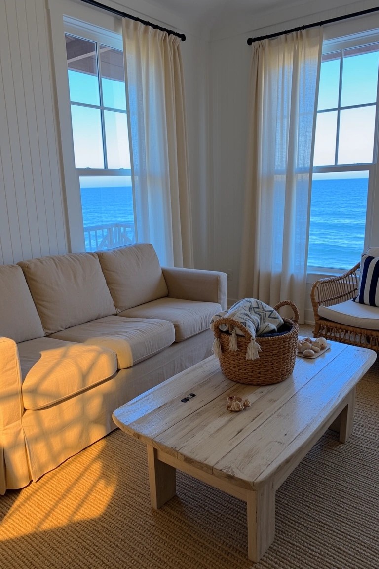 Cozy beach house living room corner with beige slipcovered sofa, natural wood coffee table holding a basket, wicker chair, white paneled walls, and large windows showing ocean view