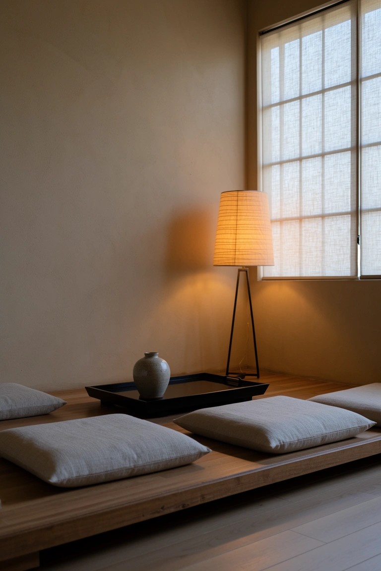 Minimalist living room corner with raised wooden platform holding cushions and low tray table with gray vase, plus tripod floor lamp against beige walls and window
