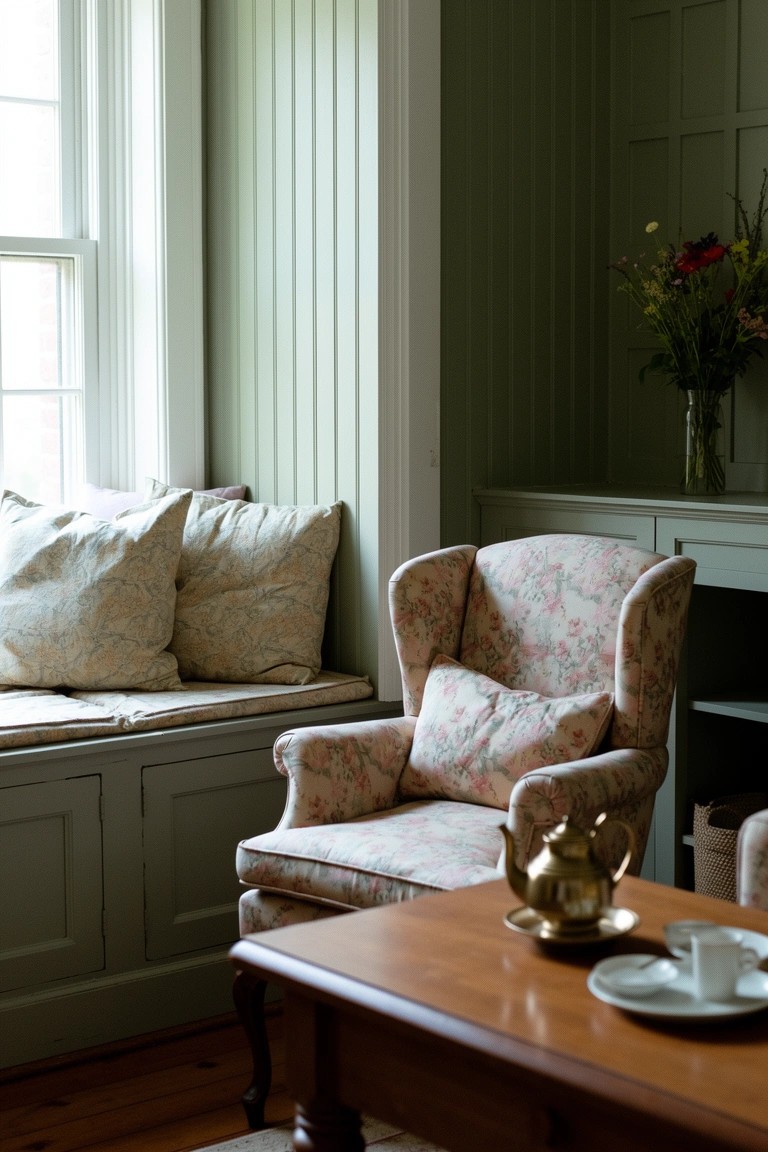 Living room window seat with cushions next to floral armchair, green paneled walls, tea service on low table