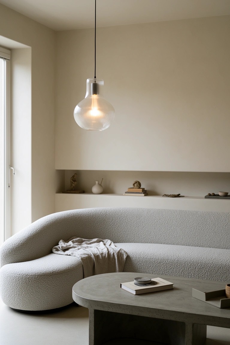 Cozy living room corner featuring a curved white bouclé sofa with a throw blanket, round concrete coffee table, glass pendant light, and built-in niche shelf with minimal decor