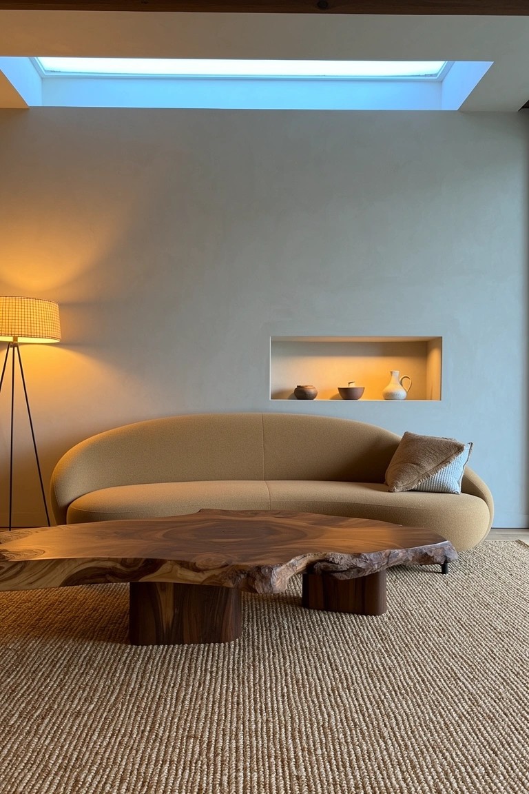 Cozy living room featuring a large live-edge wooden coffee table, curved beige sofa, floor lamp, and wall niche with ceramics under a skylight