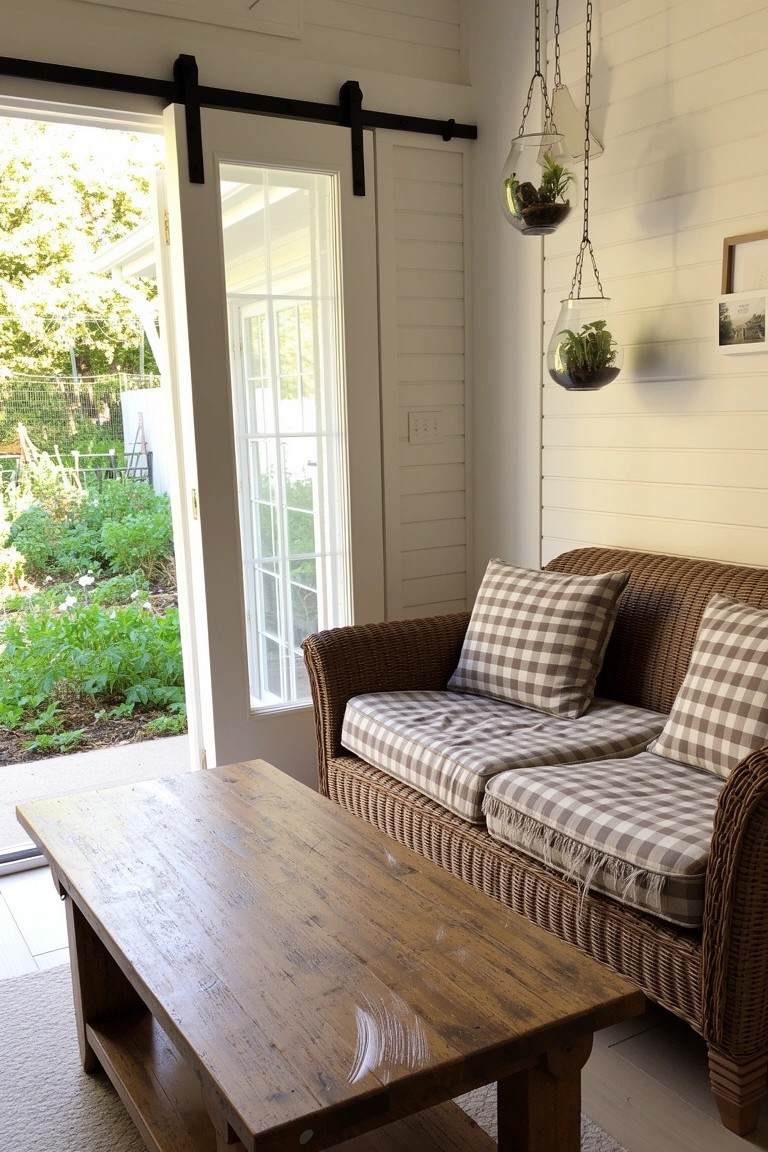 Cozy living room with open sliding barn doors to lush garden, rattan sofa with pillows, wooden coffee table, and hanging plant terrariums