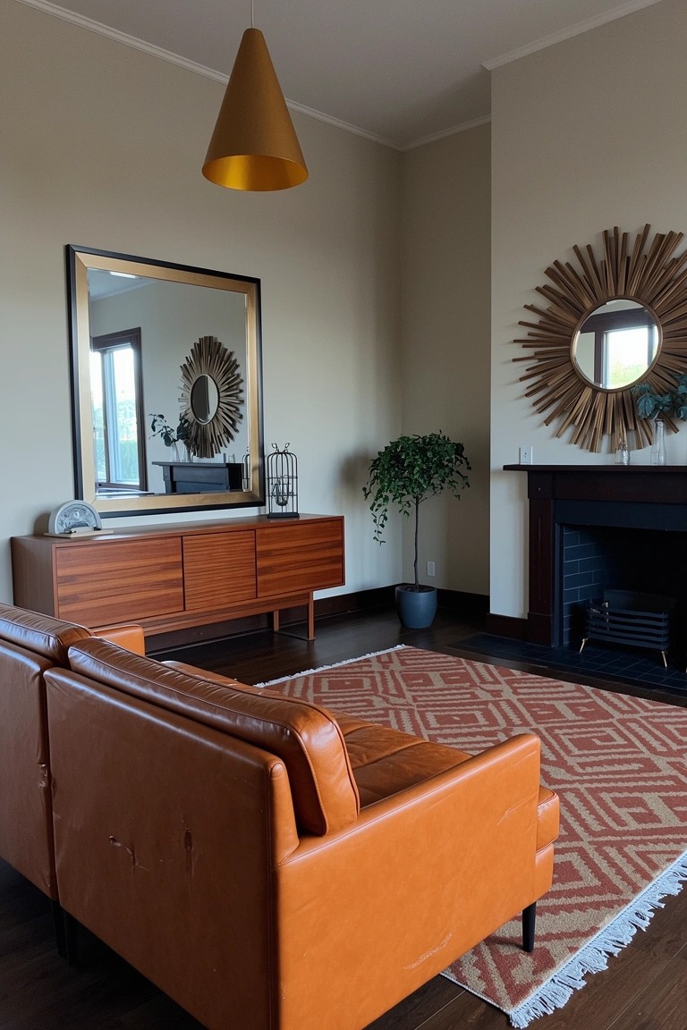 Cozy living room corner with orange leather sofa, wooden credenza, gold pendant light, mirrors, plant, terracotta rug, and fireplace