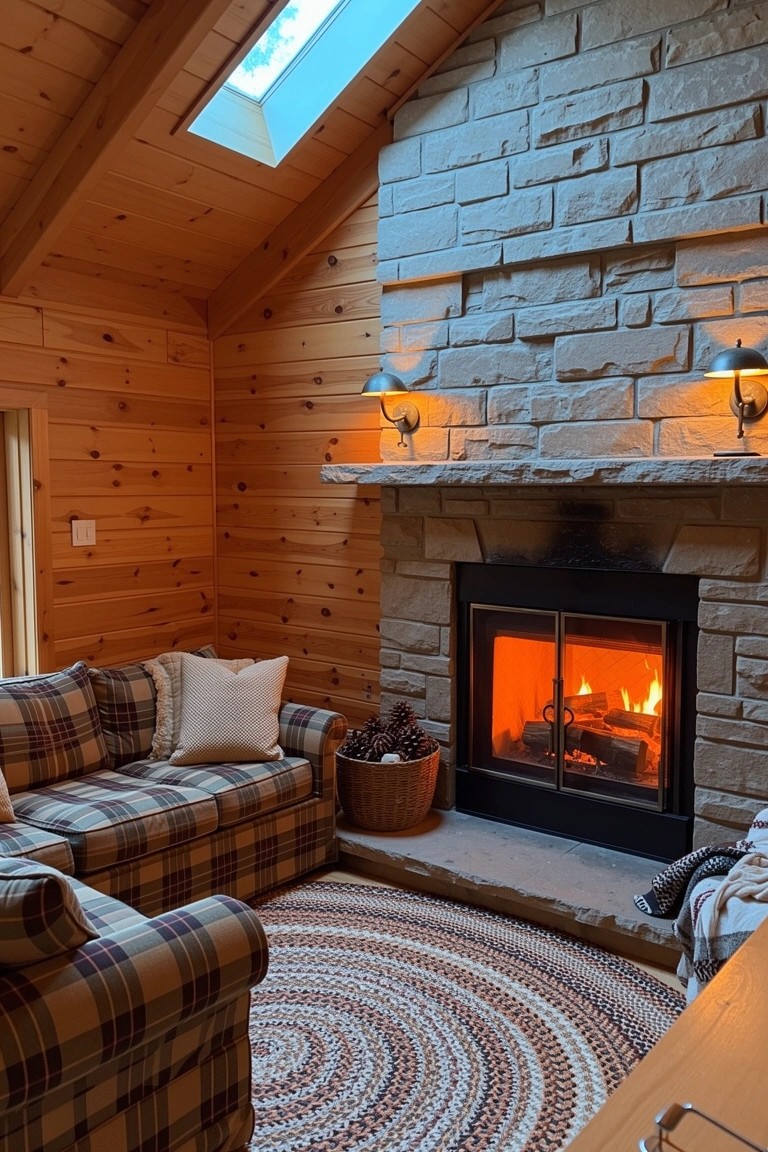 Cozy cabin living room with warm wood-paneled walls, large stone fireplace, plaid couch, and braided rug