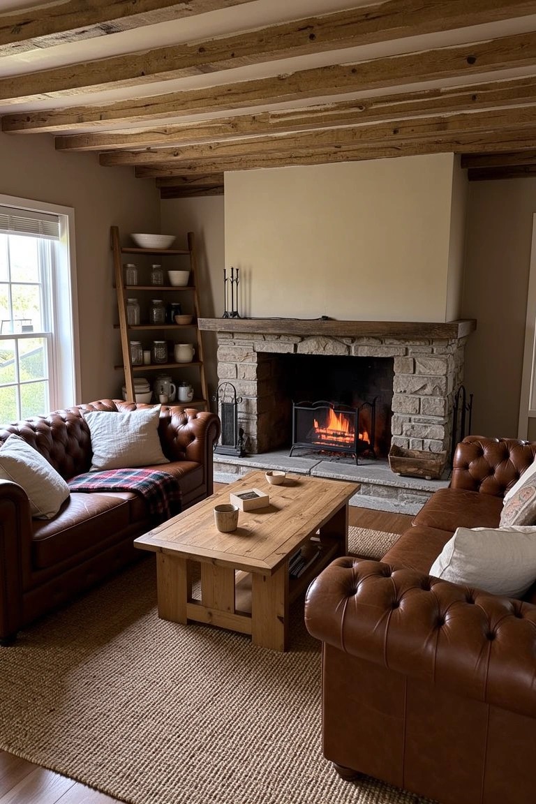 Stone Fireplace with Leather Sofas