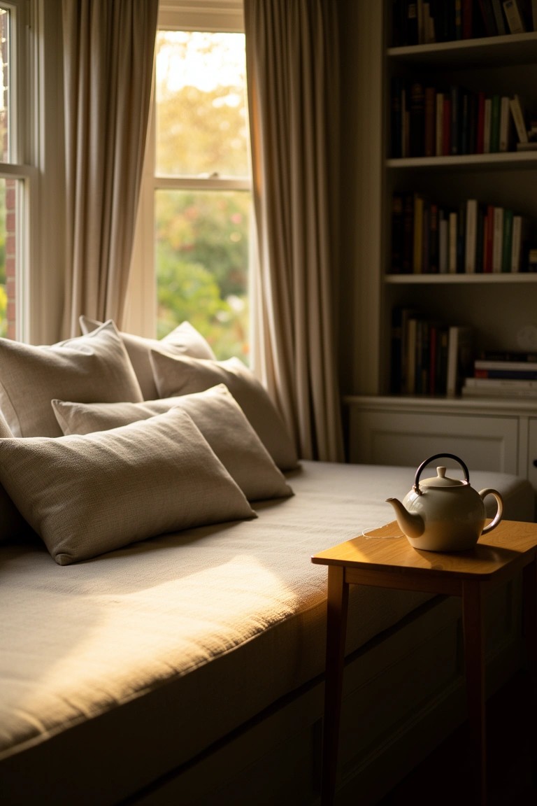 Cozy neutral window bench with stacked beige pillows and wooden side table holding a teapot
