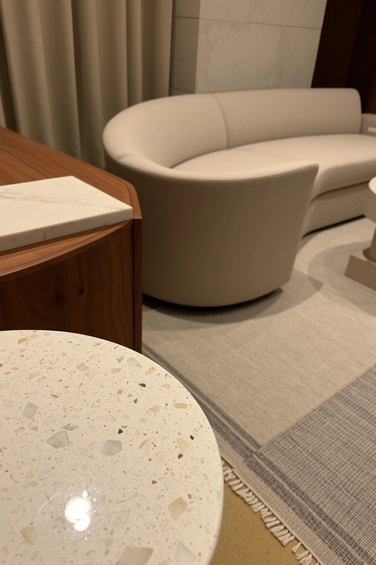 Curved cream sofa in a neutral living room with light walls, wood cabinet, and round terrazzo table