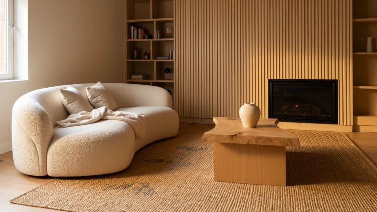 Curved cream sofa in a neutral living room corner with light wood slat walls, wooden coffee table, and seagrass rug