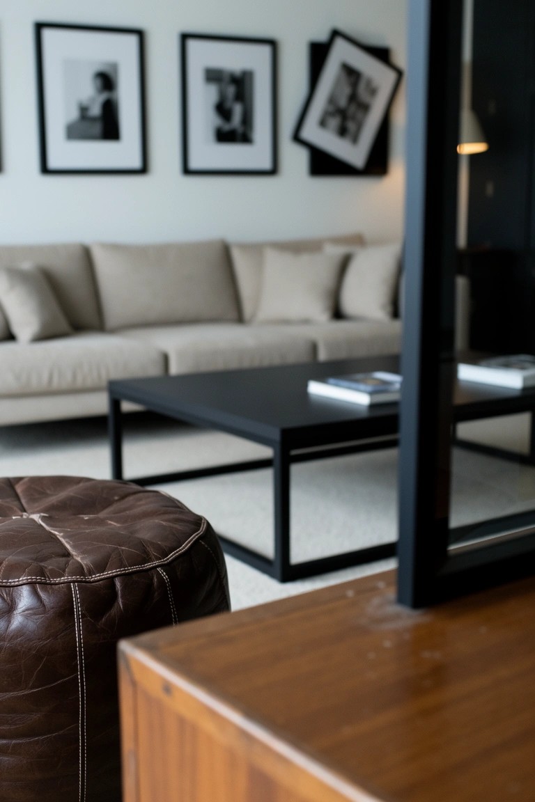 Neutral living room with beige sofa, black metal coffee table, and brown leather pouf for casual seating