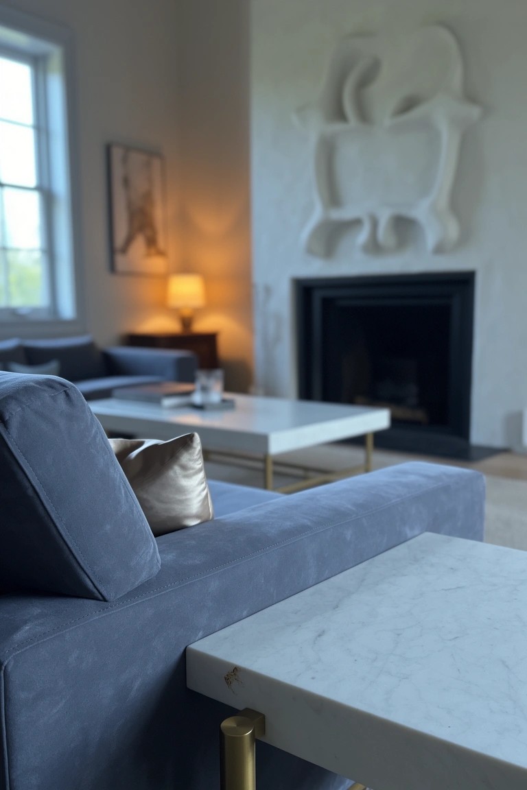 Neutral living room corner with plush blue-gray velvet sofa, white marble coffee table on slim gold legs, and fireplace topped by large white elephant wall sculpture