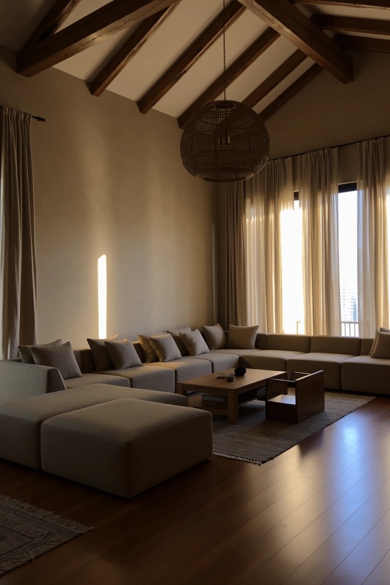 Spacious living room featuring a large L-shaped neutral sofa with cushions and poufs, low wooden coffee table, warm wood floors, beamed ceiling, and sheer curtains letting in soft light