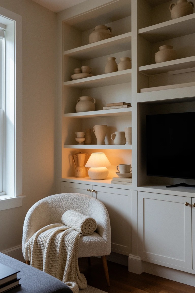 White built-in shelves displaying beige ceramic vases and pots next to a cream armchair and TV in a neutral living room corner
