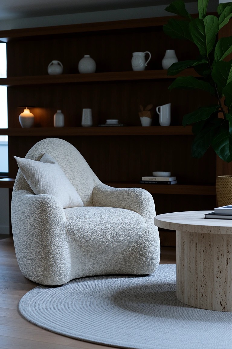 Fluffy white curved armchair in neutral living room corner with wooden shelves, plant, and round coffee table on light rug