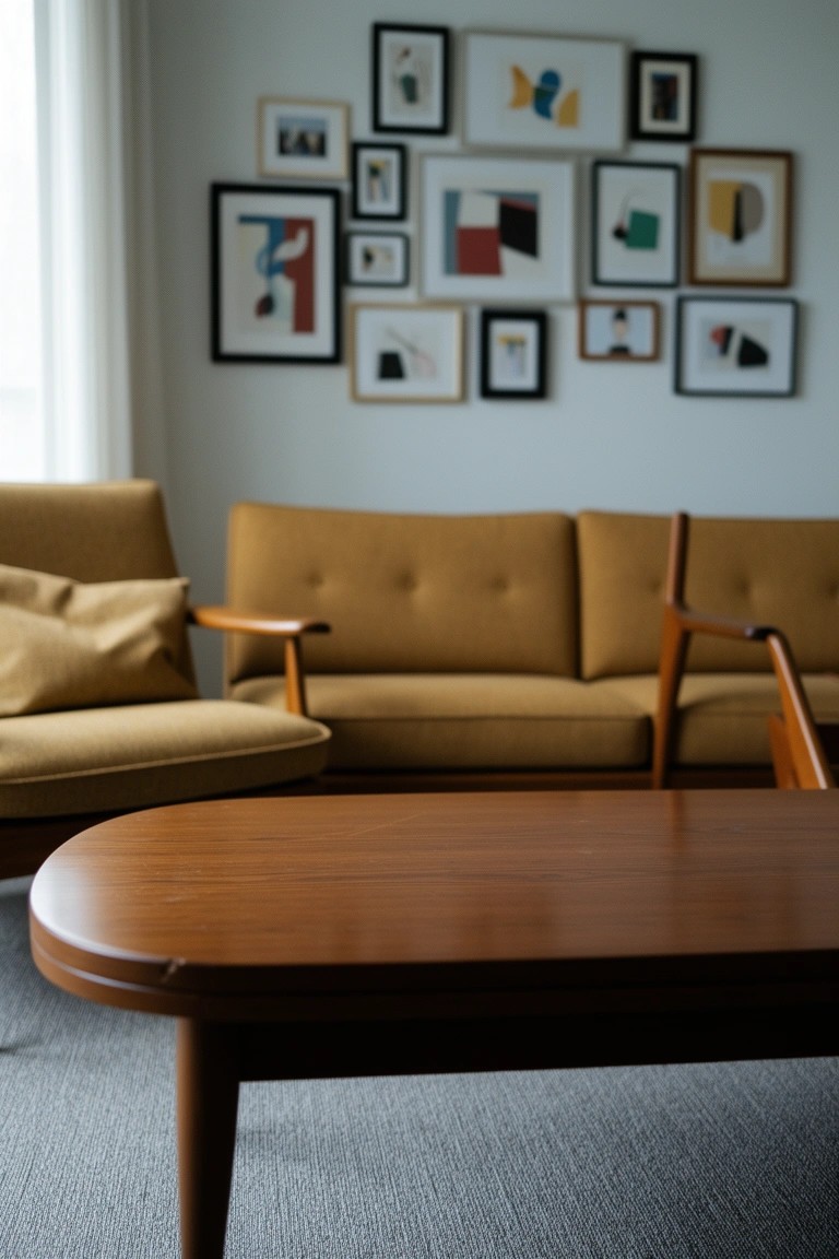 Mustard yellow mid-century sofa and armchair with oval wooden coffee table in neutral living room