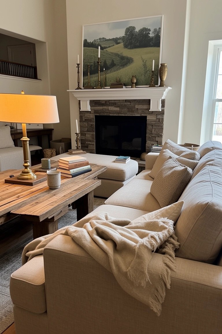 Neutral living room corner with beige sectional sofa, rustic wood coffee table, stone fireplace, and large landscape painting over mantel