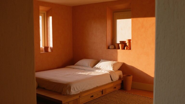 Bedroom with warm terracotta walls, low platform bed dressed in white linens, potted plants on the windowsill, and seagrass rug on wood floors