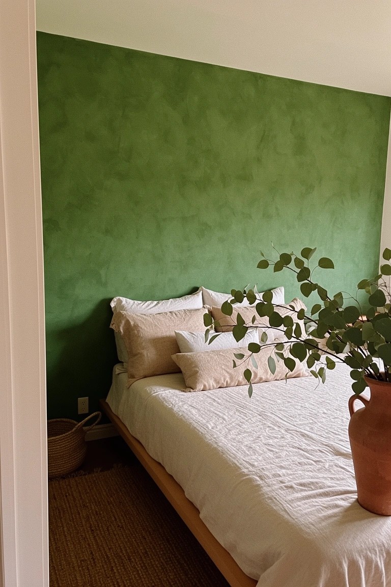 Bedroom with textured muted sage green walls, white platform bed with neutral pillows, trailing plant in terracotta pot, and seagrass rug on wood floor