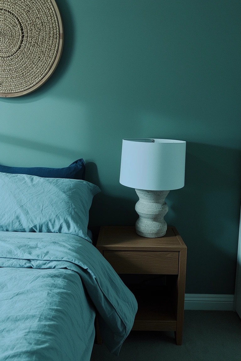 Bedroom with muted teal walls, wooden nightstand and white lamp, teal linen bedding, and woven wall hanging above the bed