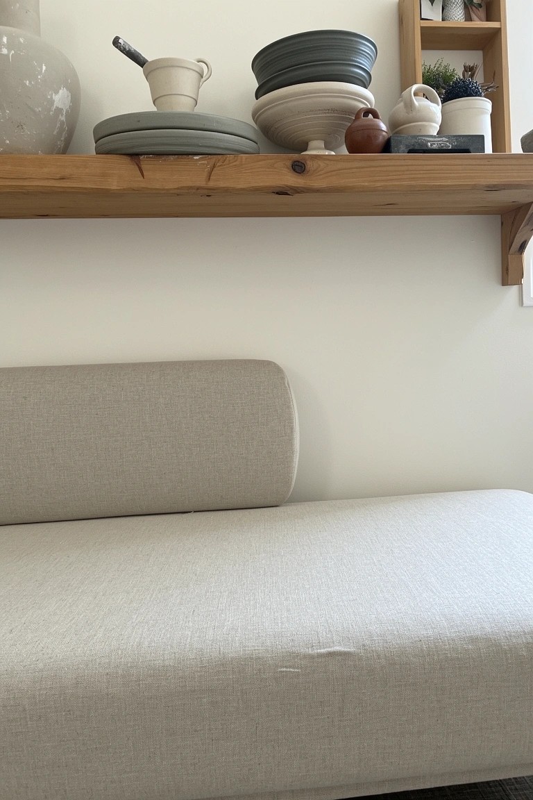 Light greige wall with wooden shelf holding stacked gray plates, ceramics, and plants above a beige cushioned bench