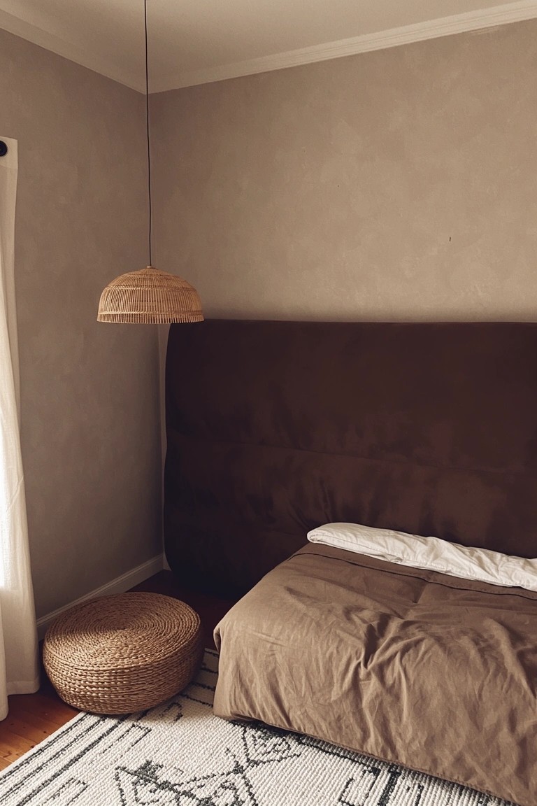 Cozy bedroom corner with light warm greige walls, rattan lamp and pouf, dark upholstered bed headboard, neutral bedding on wood floor with patterned rug