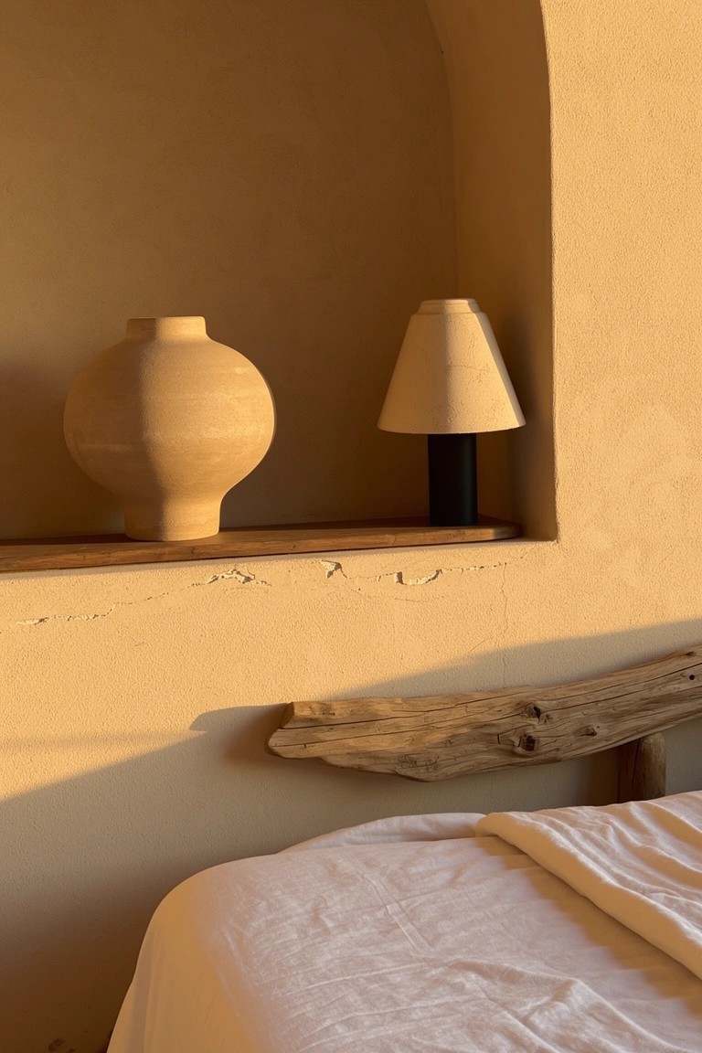 Arched bedroom nook with warm sandy beige walls, holding a beige ceramic vase, fabric lamp, and driftwood shelf above a white bed