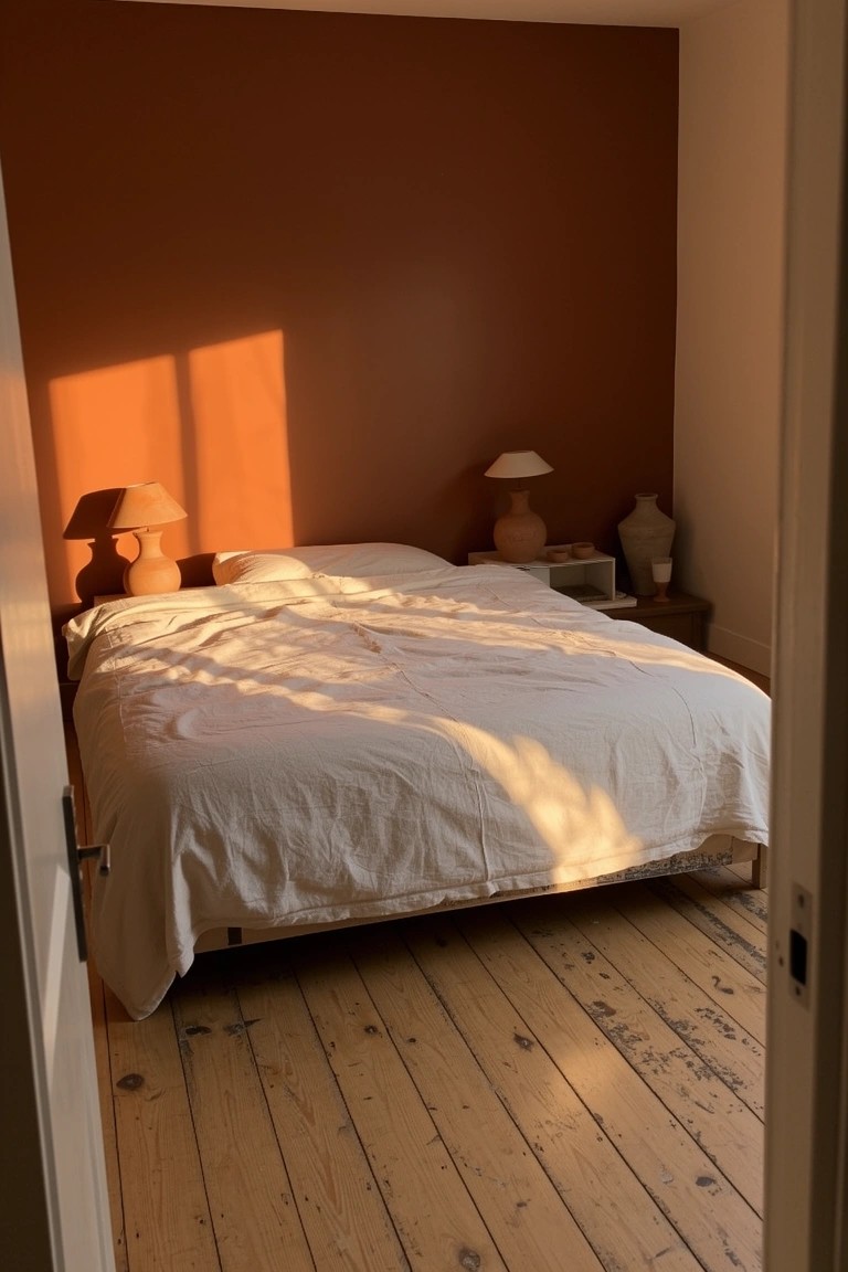 Bedroom with warm terracotta walls, white bed bathed in sunlight, paired terracotta lamps, and worn wooden floors